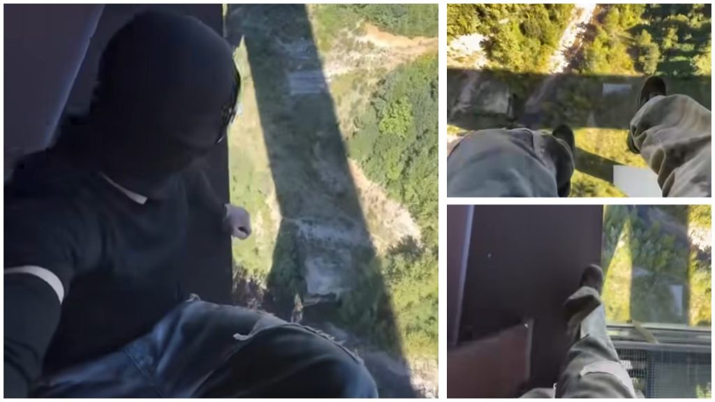 SALE SULLE TRAVI DEL PONTE DI PETRIOLO E SI FILMA SOSPESO NEL VUOTO